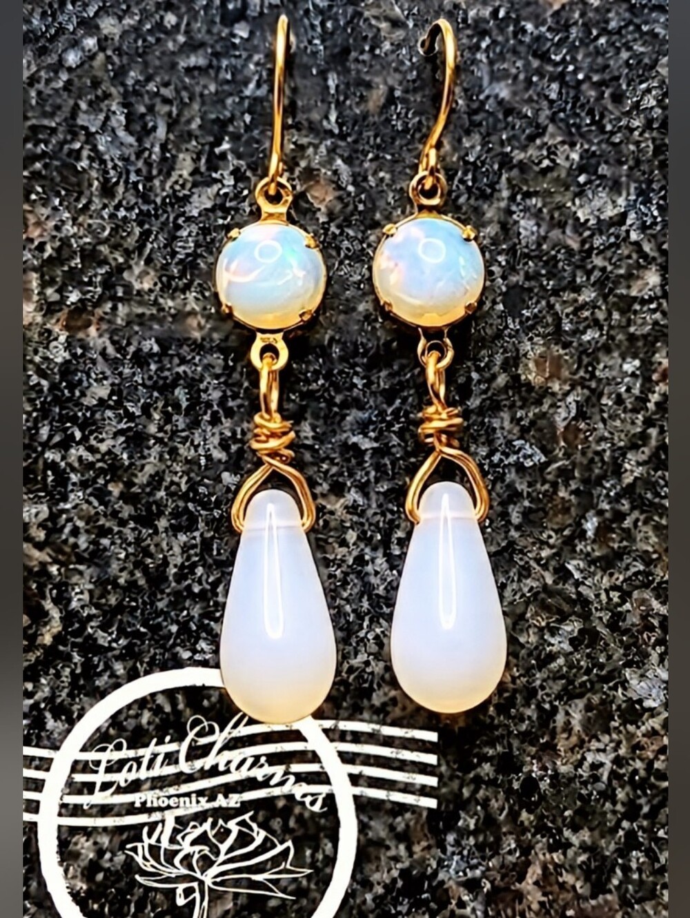 White Opaline / Opalite Earrings In Drop Down Earrings Gold Plated